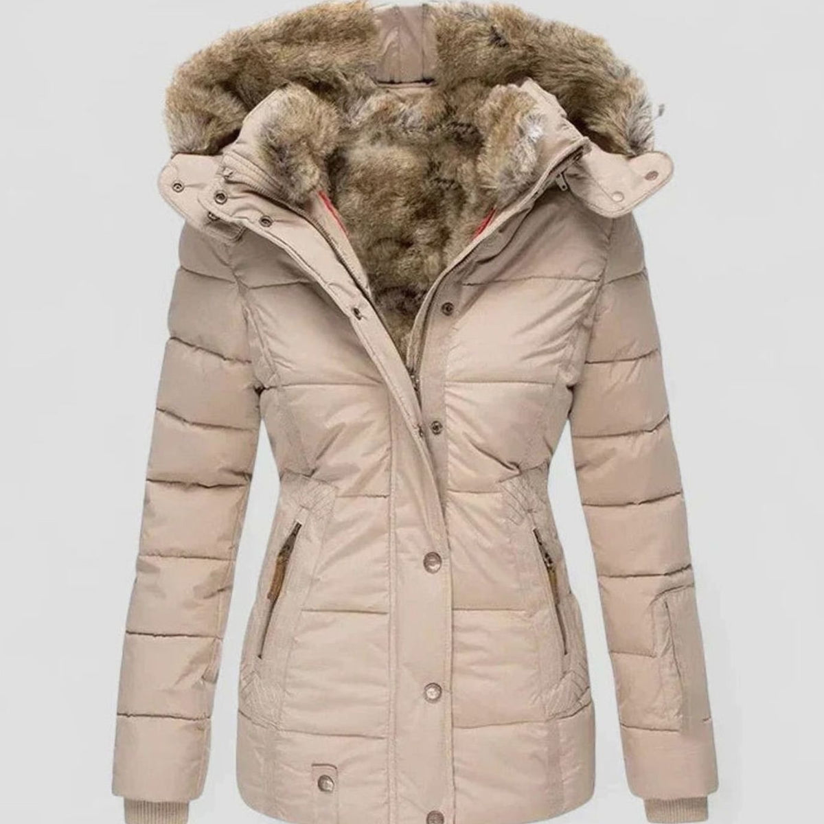 Marlene Women's Lined Winter Jacket with Faux Fur Hood and Waist
