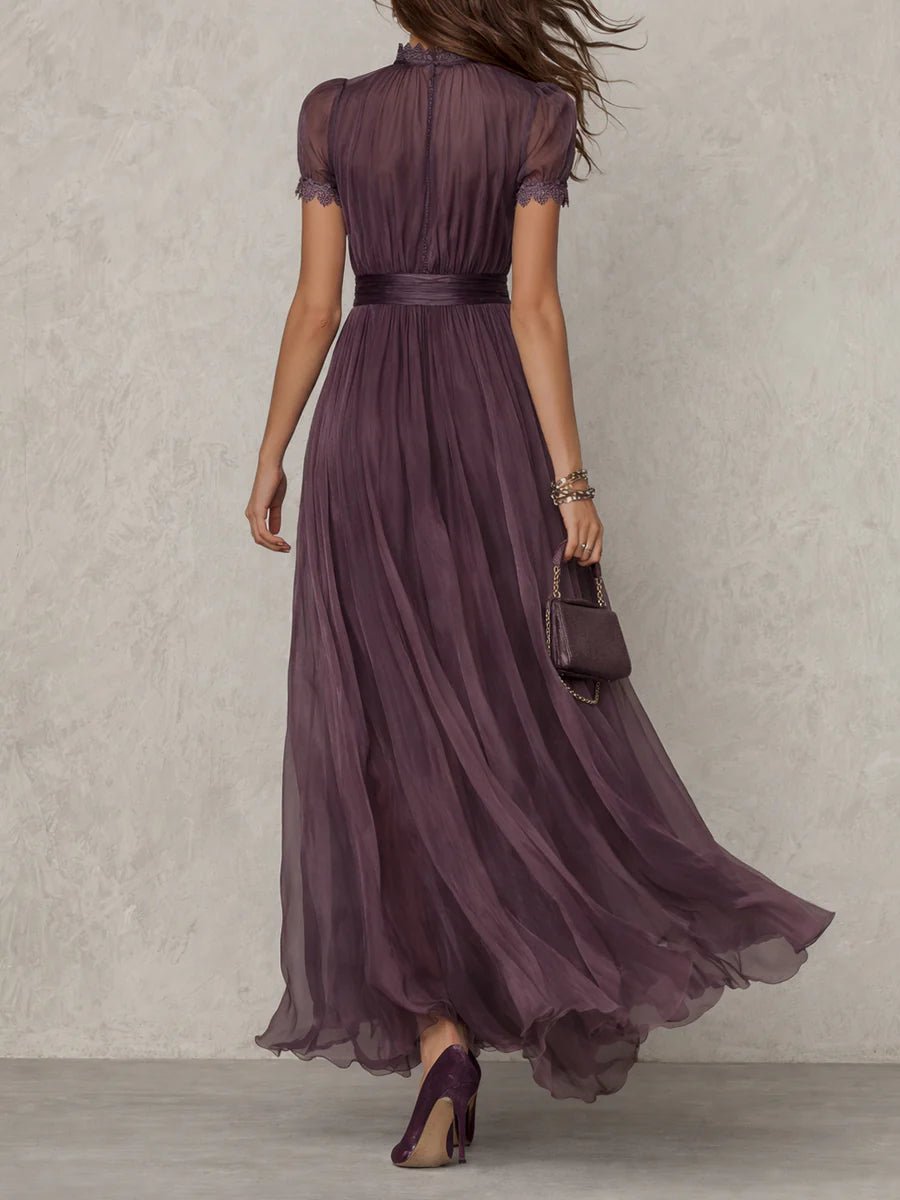 Women's Short Sleeve Keyhole Maxi Dress with Flowing Chiffon Skirt