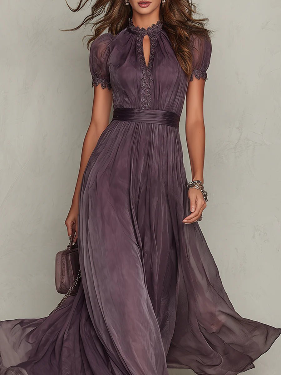 Women's Short Sleeve Keyhole Maxi Dress with Flowing Chiffon Skirt
