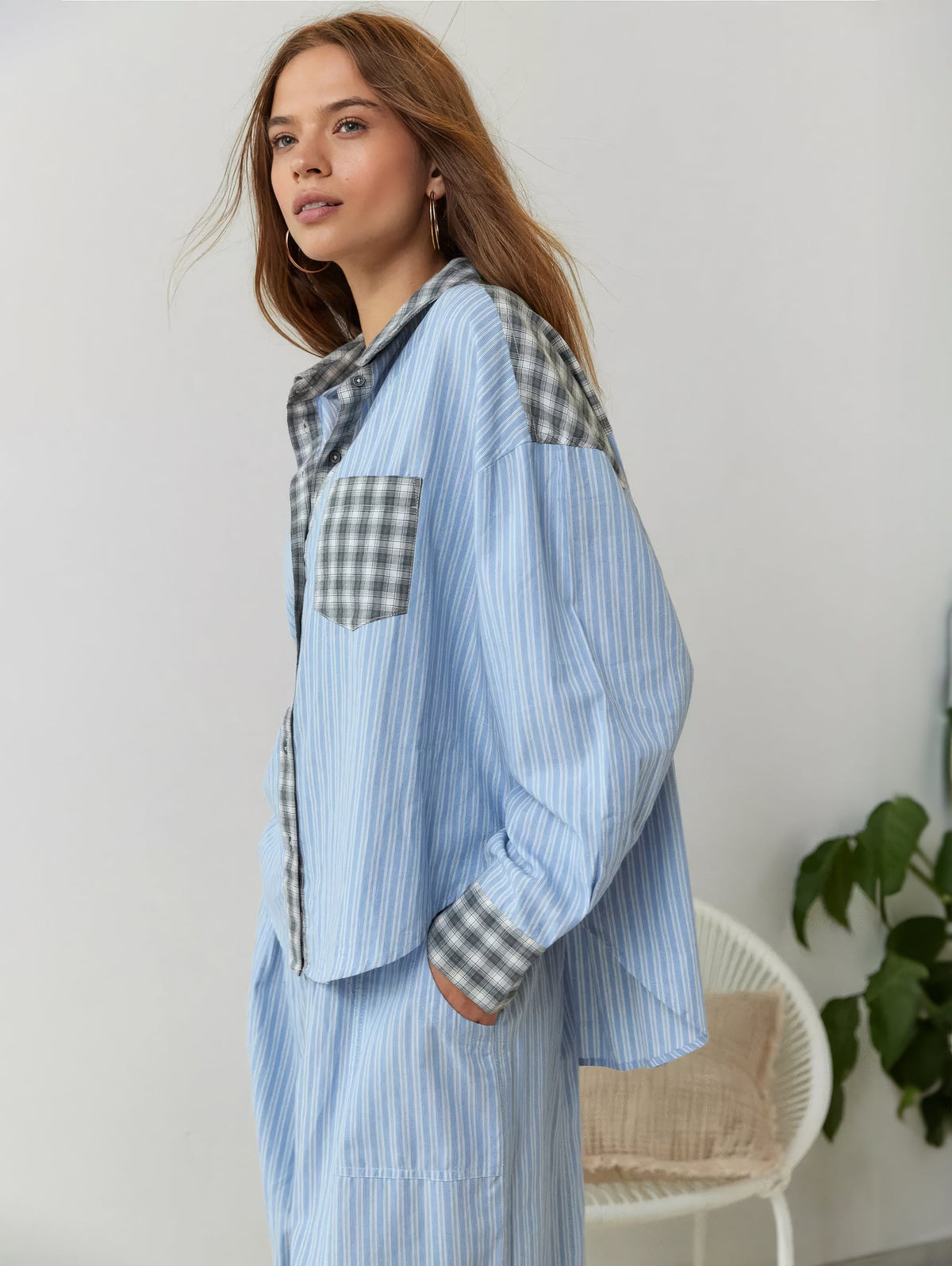 Women's Pajama Set with Button Shirt and Elastic Waist Pants