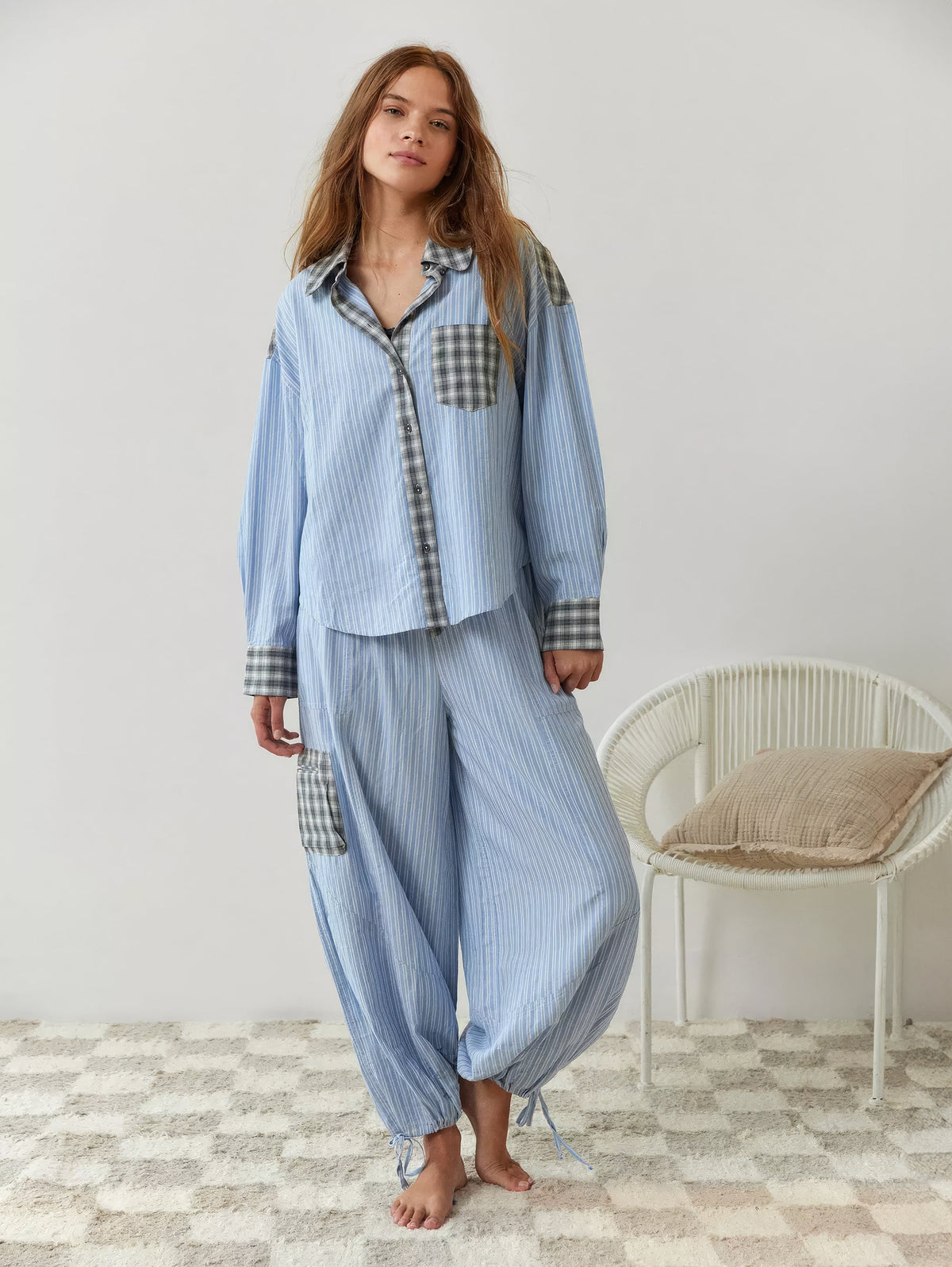 Women's Pajama Set with Button Shirt and Elastic Waist Pants