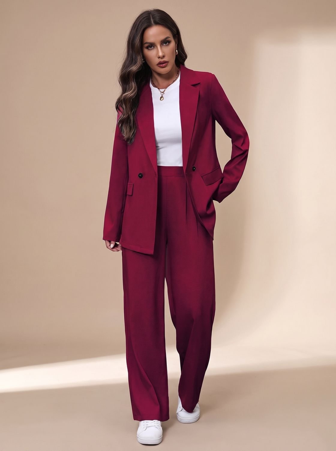 Clara Women's Fitted Double-Breasted Pant Suit with Wide Trousers