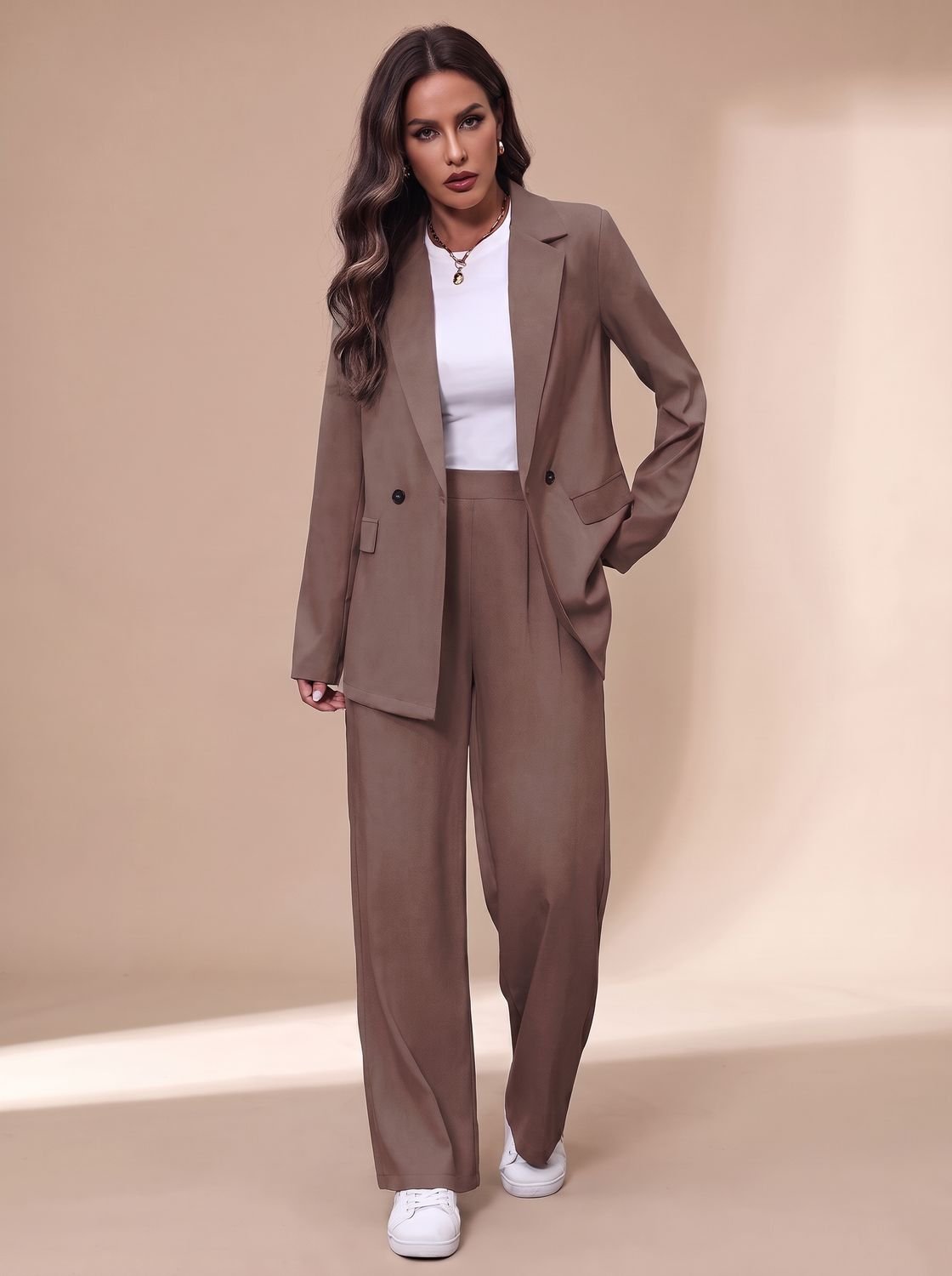 Clara Women's Fitted Double-Breasted Pant Suit with Wide Trousers