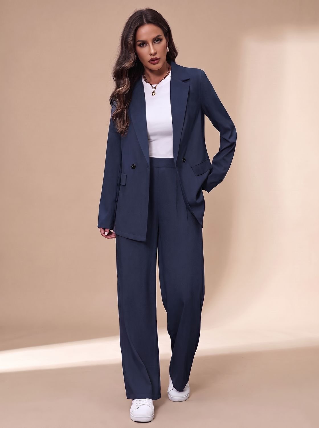 Clara Women's Fitted Double-Breasted Pant Suit with Wide Trousers