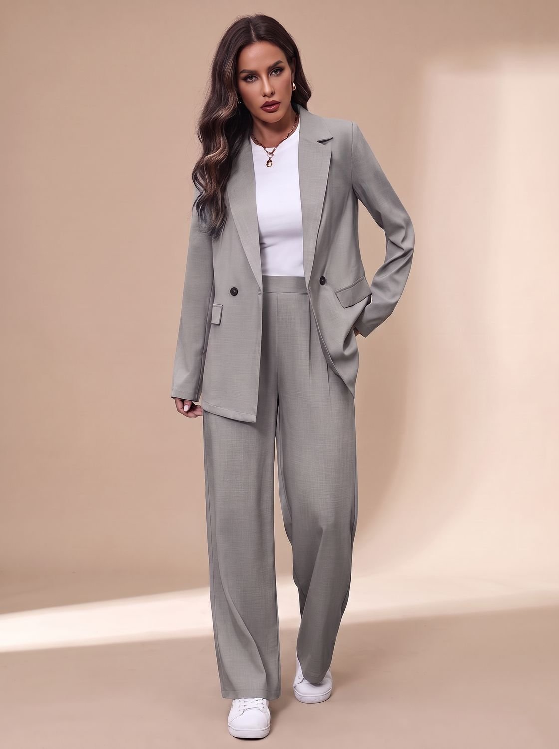Clara Women's Fitted Double-Breasted Pant Suit with Wide Trousers