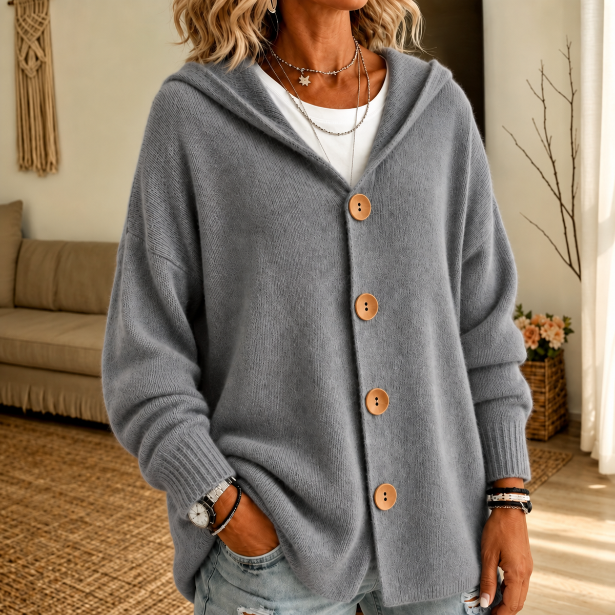 Hooded Waffle-Knit Button-Front Cardigan