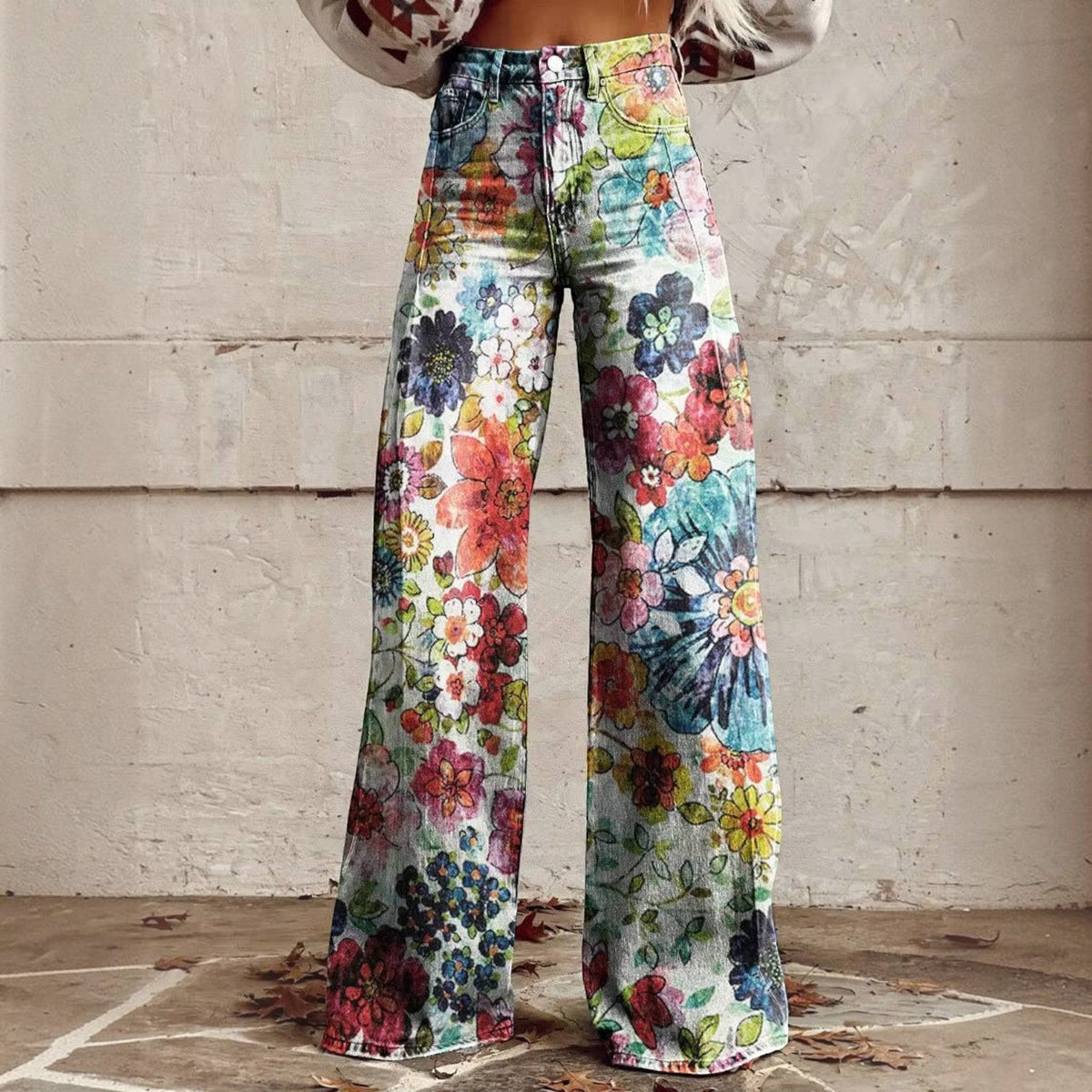 High Waisted Bell Bottom Pants with Floral Print and Stretch Fabric