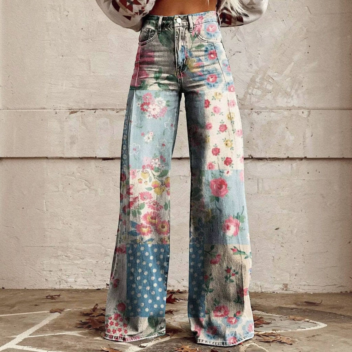 High Waisted Bell Bottom Pants with Floral Print and Stretch Fabric