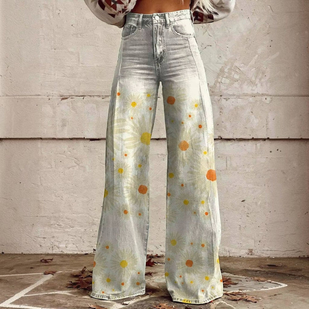High Waisted Bell Bottom Pants with Floral Print and Stretch Fabric