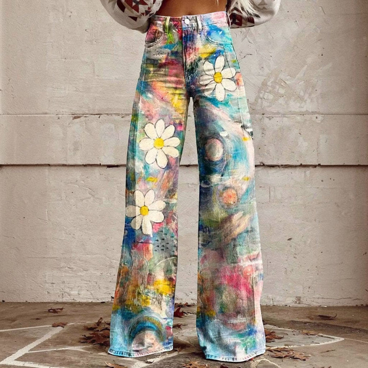 High Waisted Bell Bottom Pants with Floral Print and Stretch Fabric