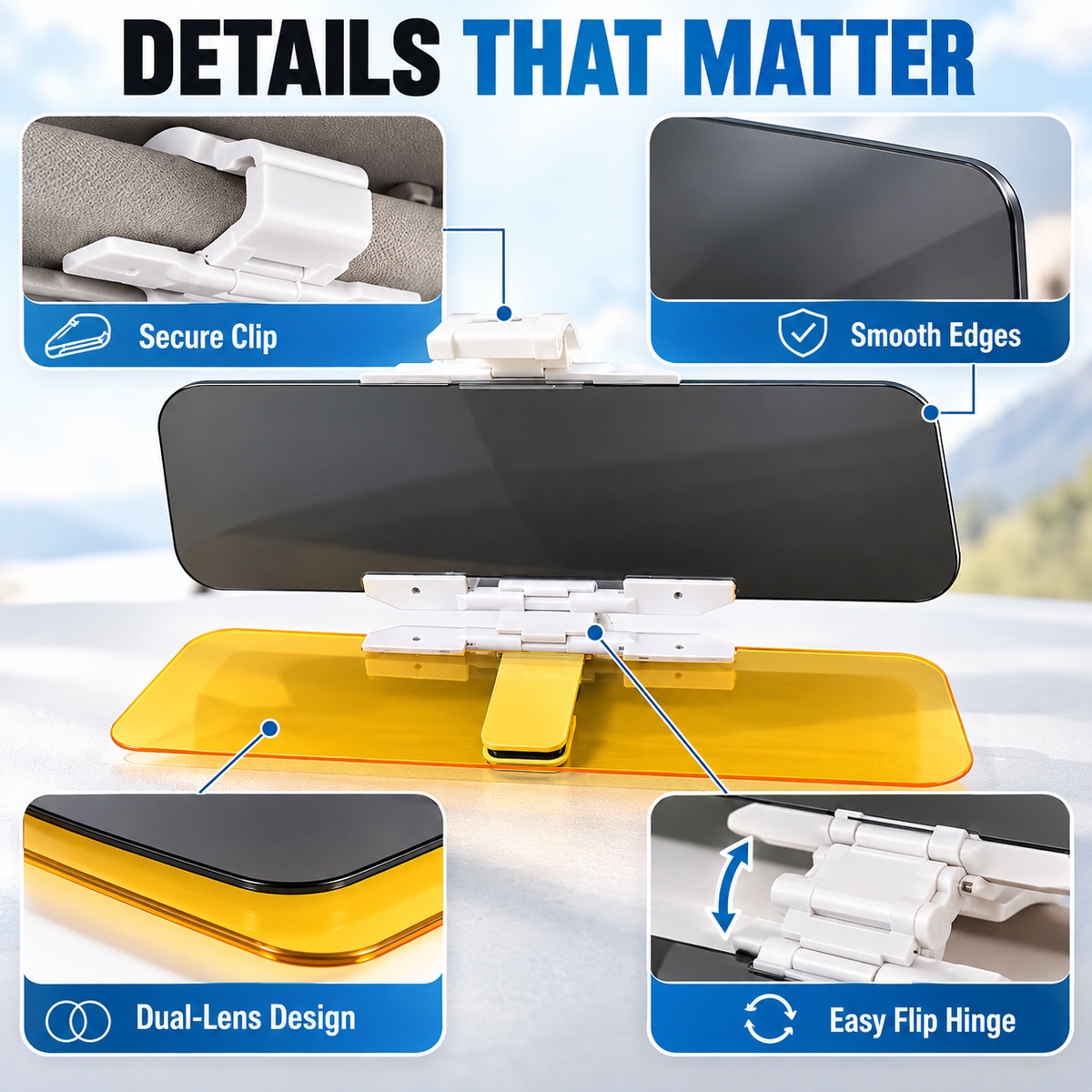 Universal HD Car Sun Visor with Anti-Glare Treatment, Day and Night Protection