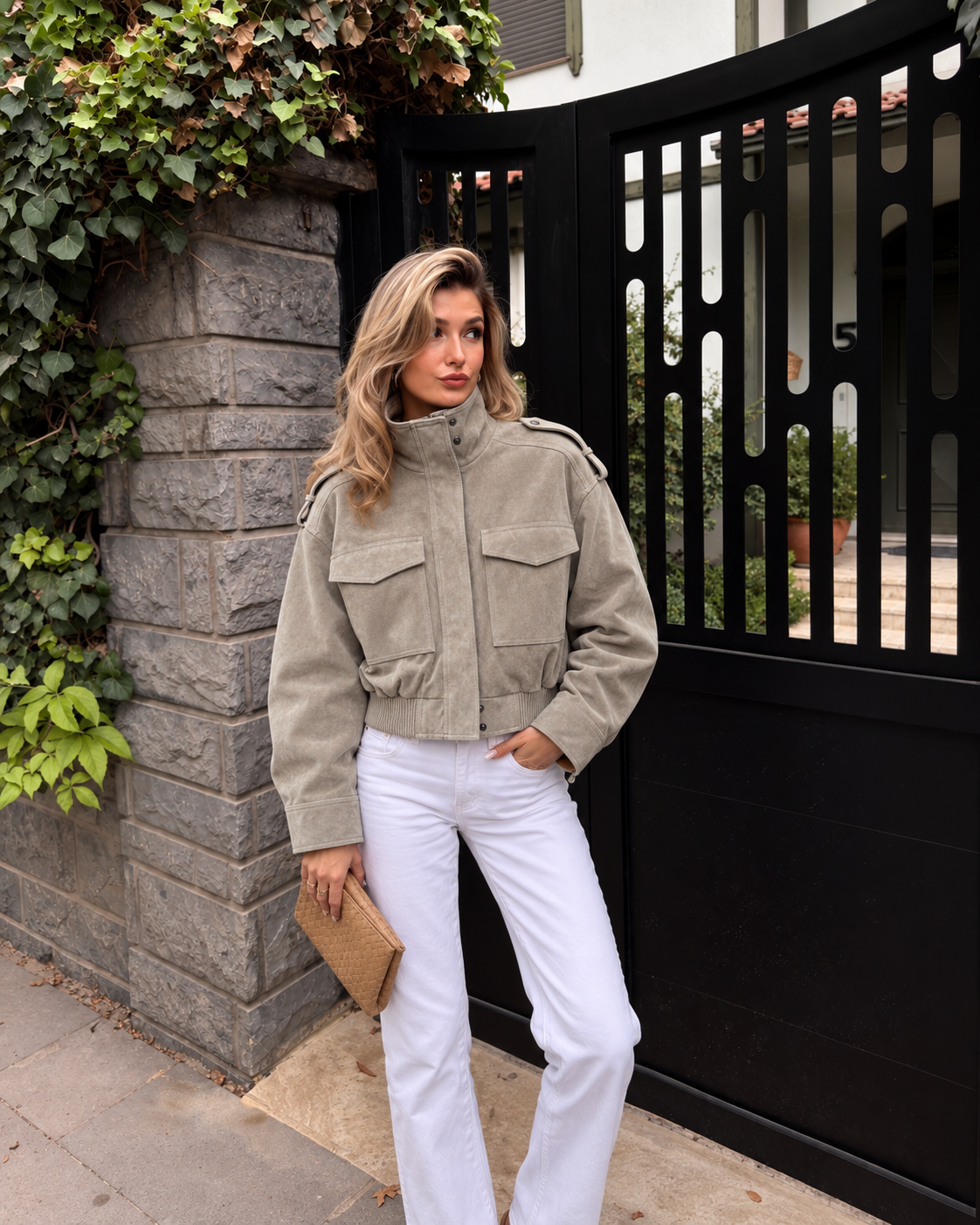 Suede Cropped Bomber Jacket in Gray