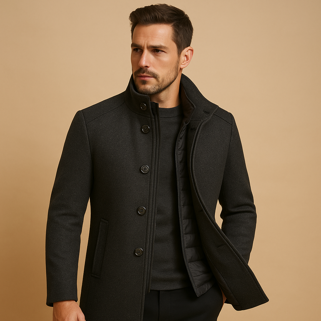 Men's Wool-Blend Mandarin-Collar Jacket – Tailored Single-Breasted Smart Outerwear for Business Office Everyday City and Autumn Winter Wear