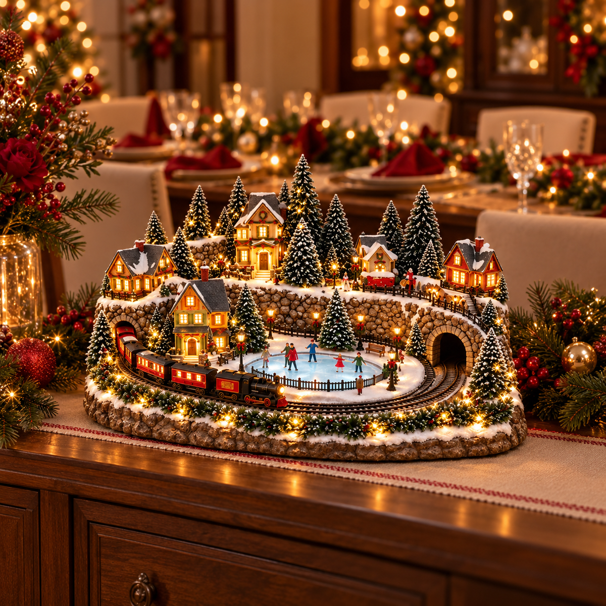 Animated Holiday Train & Ice Rink Scene