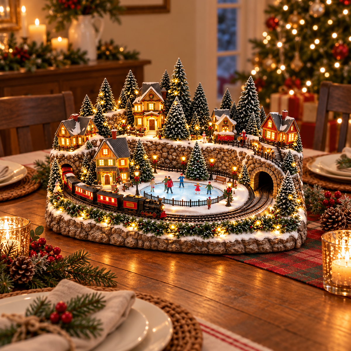 Animated Holiday Train & Ice Rink Scene