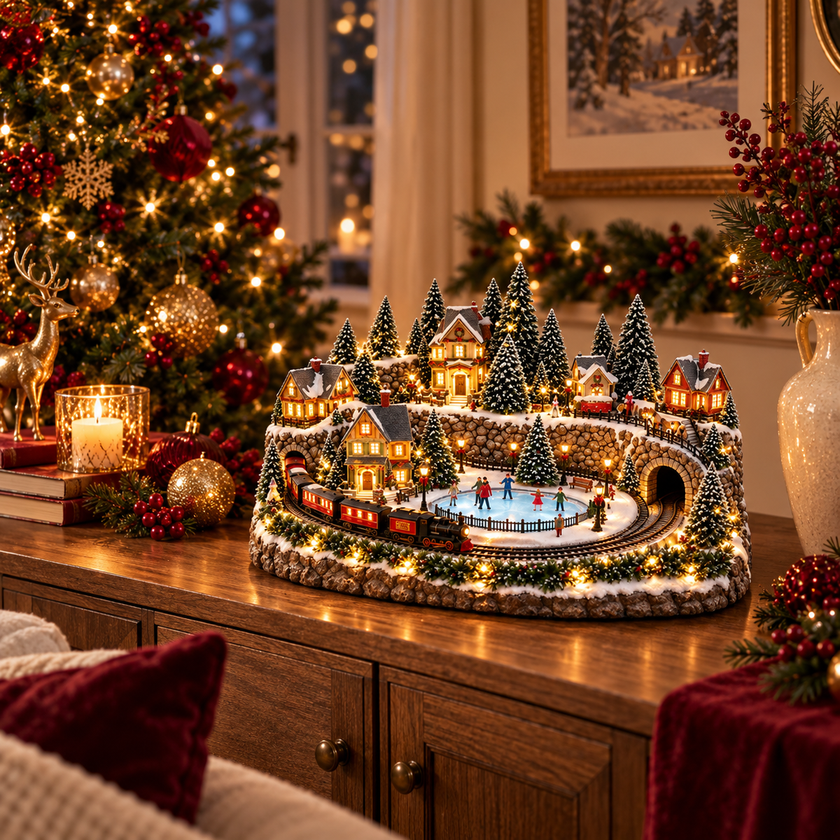 Animated Holiday Train & Ice Rink Scene