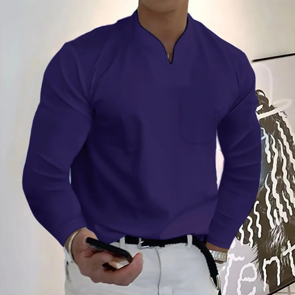 Men's Cotton Long Sleeve V-Neck Sports T-Shirt