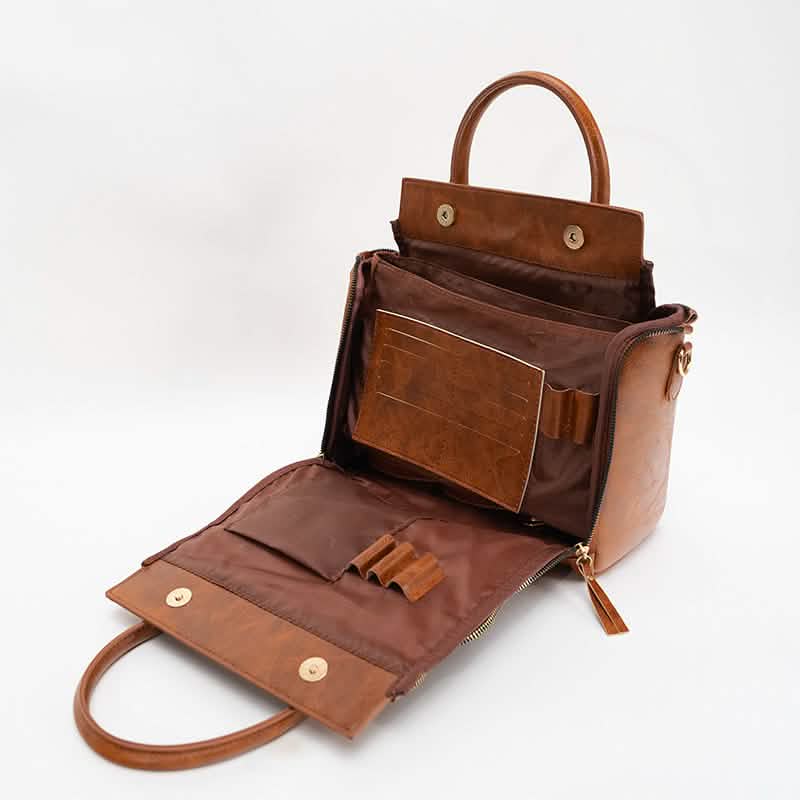 Vintage PU Leather Handbag with Multi Pocket Organizer Insert