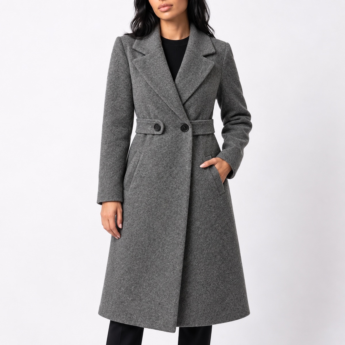 Women's Long Belted Wool Winter Coat with Wide Lapels and Side Pockets