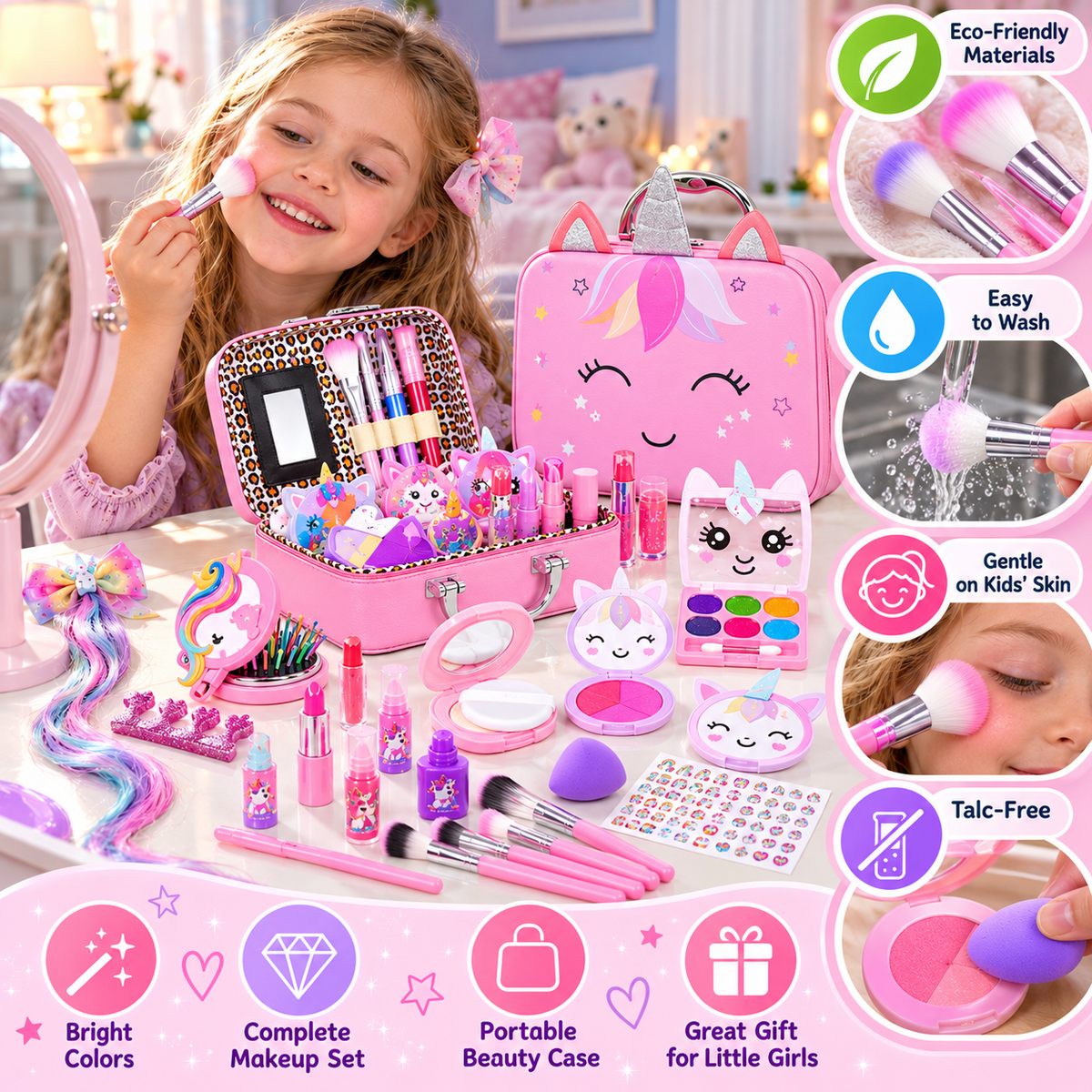 Kids' Eco-Friendly & Easy-to-Wash Princess Makeup Kit with Cosmetic Bag
