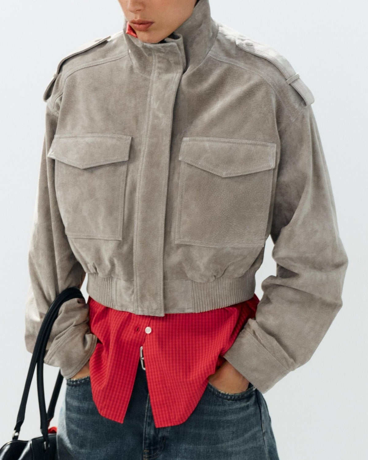 Suede Cropped Bomber Jacket in Gray