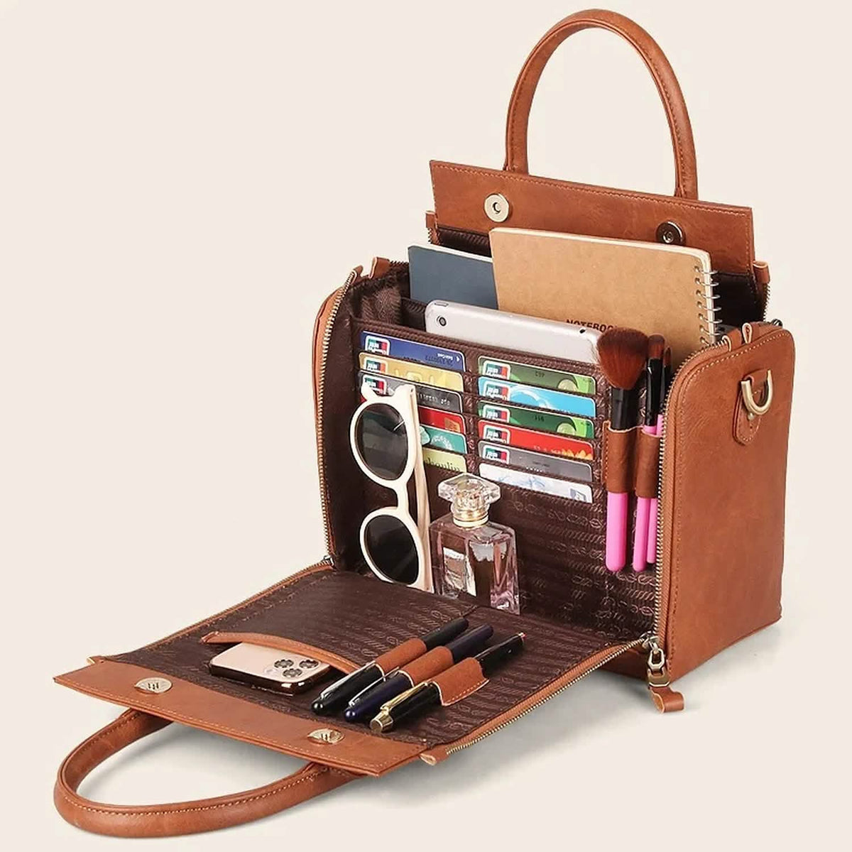 Vintage PU Leather Handbag with Multi Pocket Organizer Insert