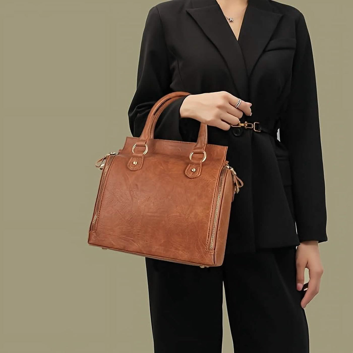 Vintage PU Leather Handbag with Multi Pocket Organizer Insert