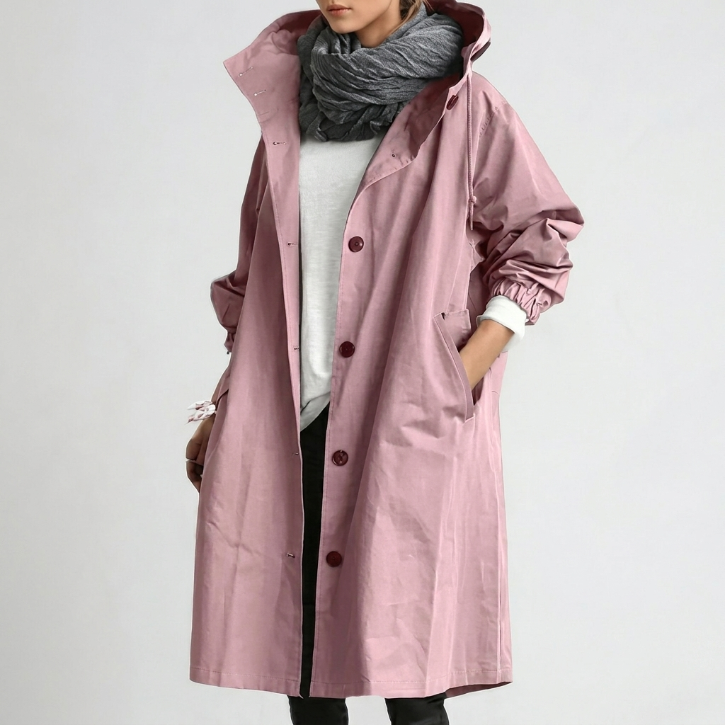 Women's Hooded Raincoat with Button Front and Long Length