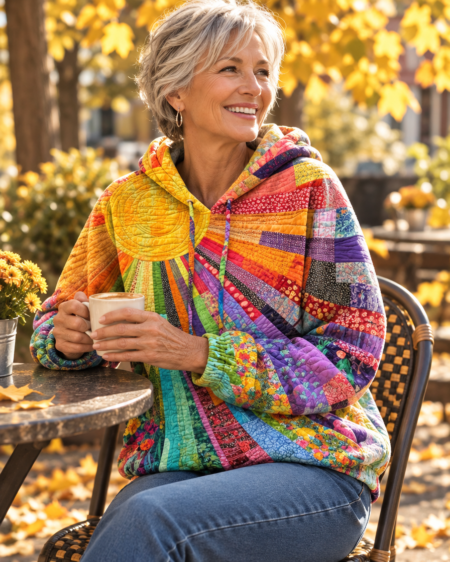 Women's Patchwork Sunburst Hoodie with Drawstring Hood – Relaxed Fit