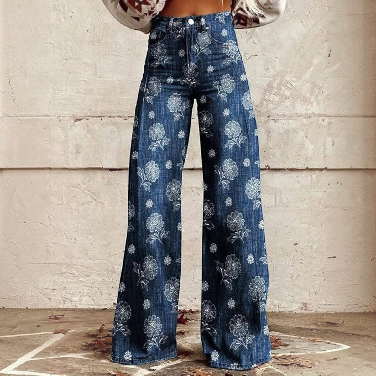 High Waisted Bell Bottom Pants with Floral Print and Stretch Fabric