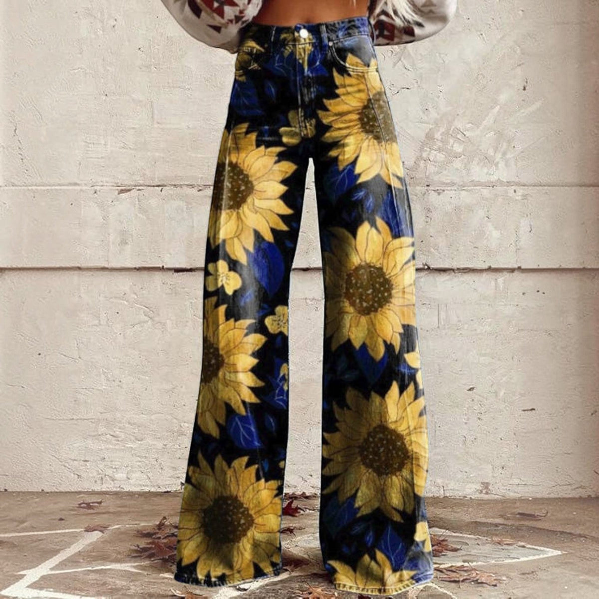 High Waisted Bell Bottom Pants with Floral Print and Stretch Fabric