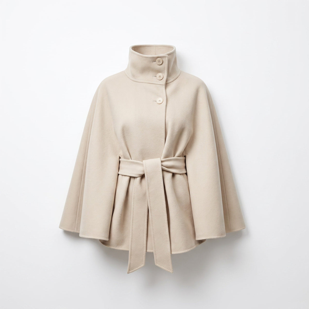 Women's Belted Cape Coat with High Collar and Button Front