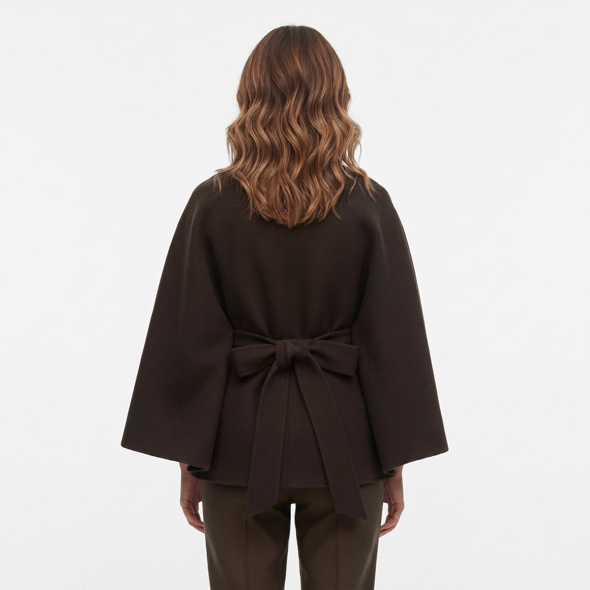 Women's Belted Cape Coat with High Collar and Button Front