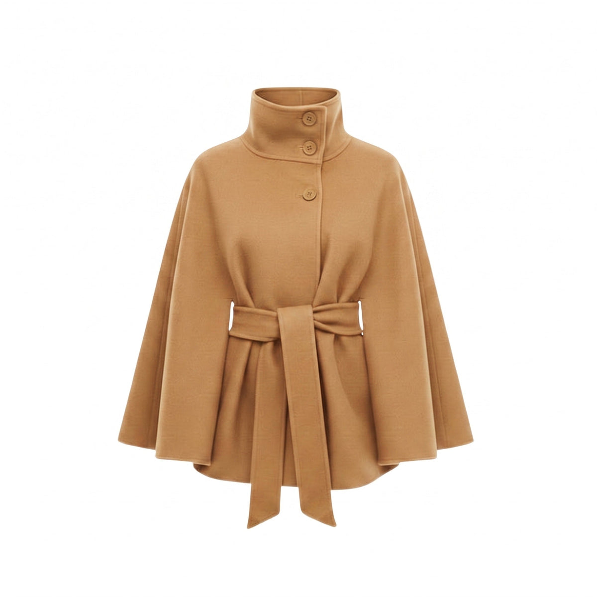 Women's Belted Cape Coat with High Collar and Button Front