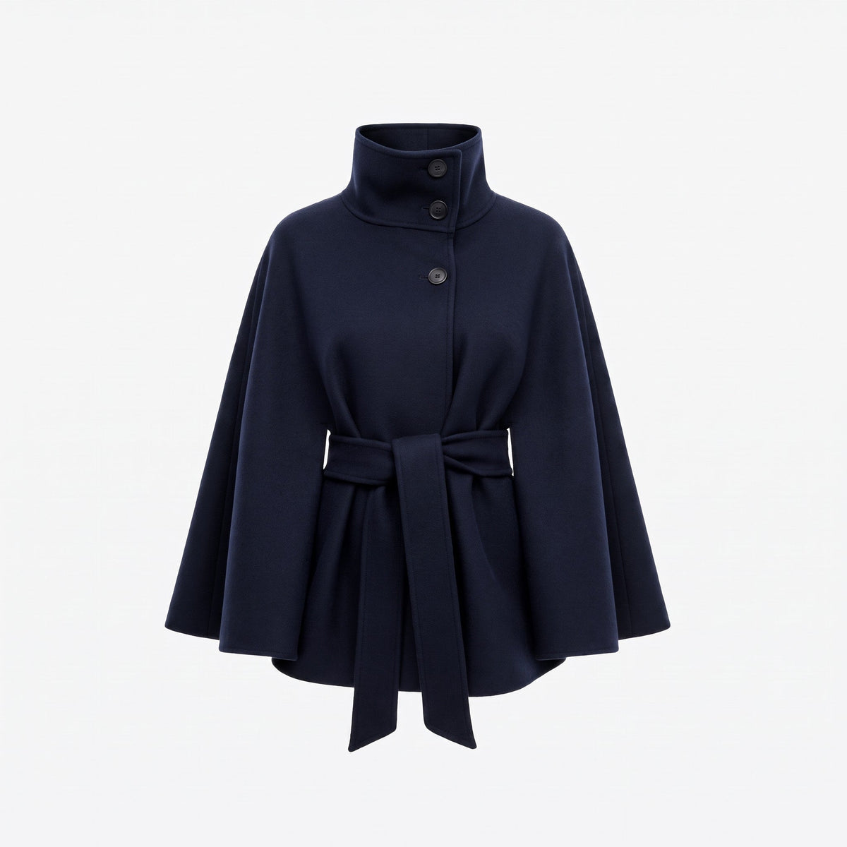Women's Belted Cape Coat with High Collar and Button Front