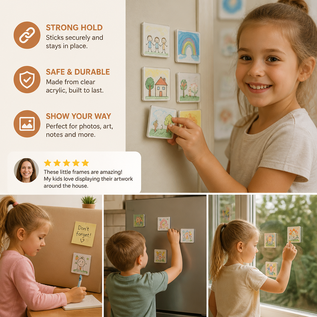 Clear Acrylic Magnetic Photo Frames with Adhesive Backing Set of 5