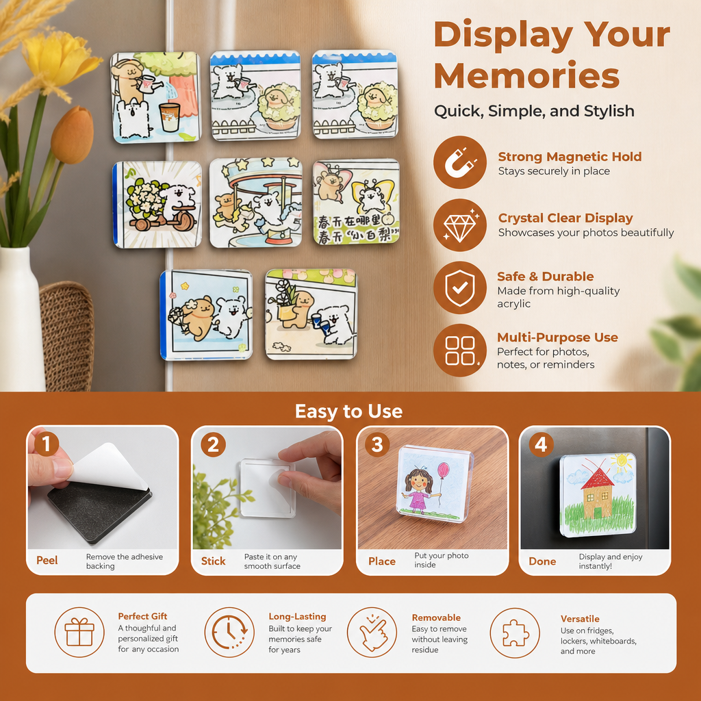Clear Acrylic Magnetic Photo Frames with Adhesive Backing Set of 5
