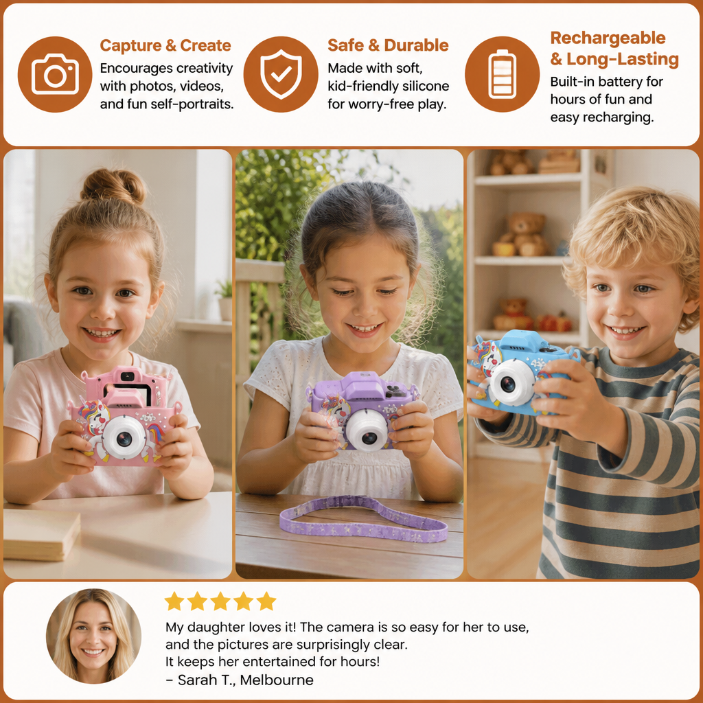 Rechargeable Kids' Digital Camera with Selfie Mode, HD Video & Silicone Case