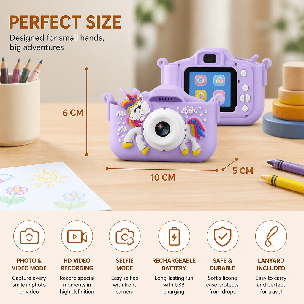 Rechargeable Kids' Digital Camera with Selfie Mode, HD Video & Silicone Case
