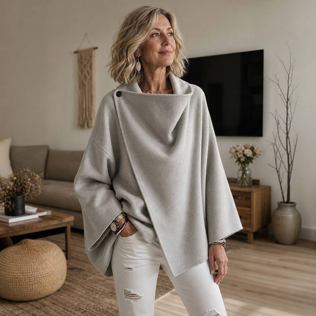 Asymmetric Button Wrap Cape Jacket