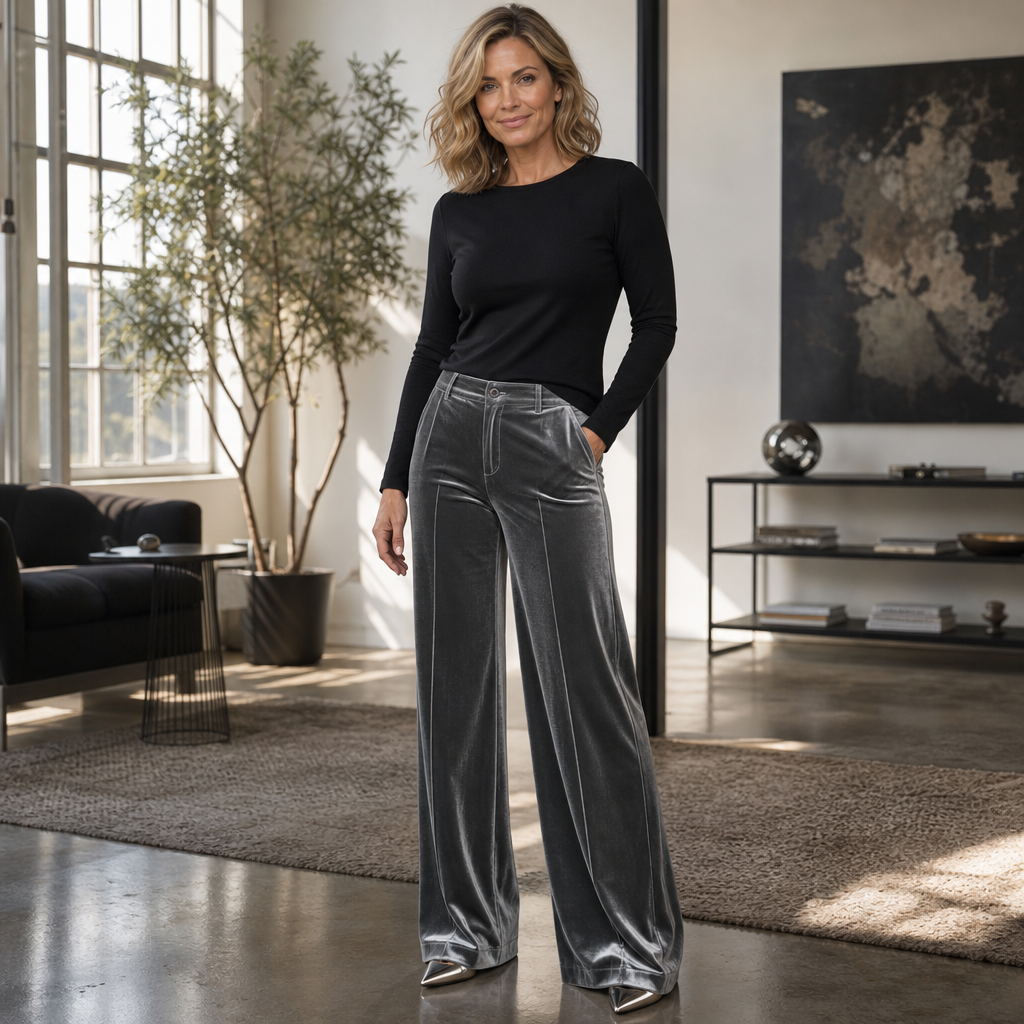 Velvet High-Waisted Wide-Leg Trousers