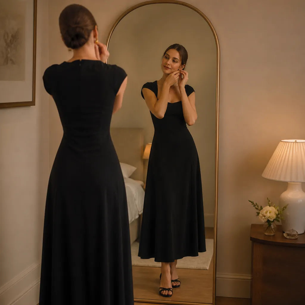 Square Neck A-Line Midi Dress with Sculpted Waist