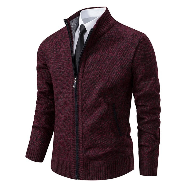 Merino Wool Men's Cardigan with Zip and Stand-Up Collar