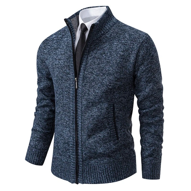 Merino Wool Men's Cardigan with Zip and Stand-Up Collar