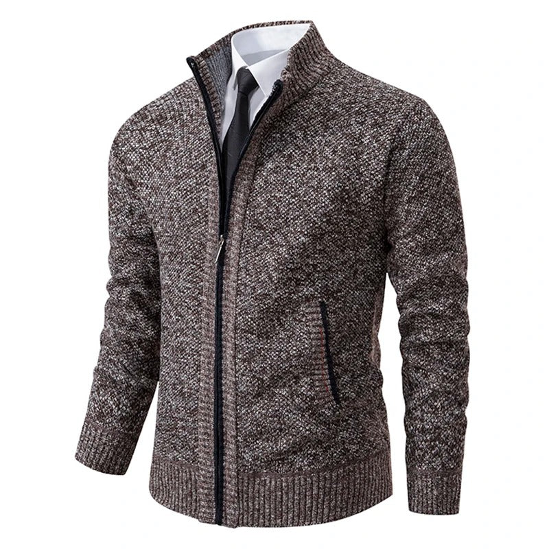 Merino Wool Men's Cardigan with Zip and Stand-Up Collar