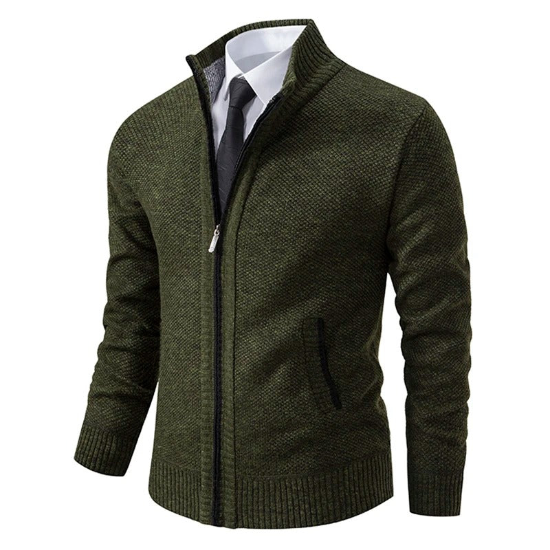 Merino Wool Men's Cardigan with Zip and Stand-Up Collar
