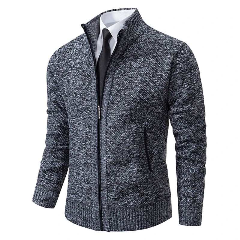 Merino Wool Men's Cardigan with Zip and Stand-Up Collar