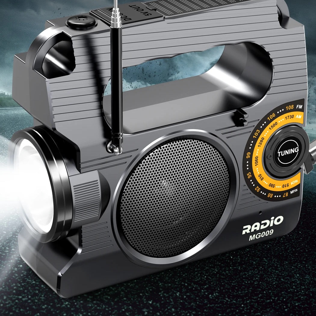 Emergency Radio - Solar & Hand Crank Powered - Loud SOS Alarm & Flashlight