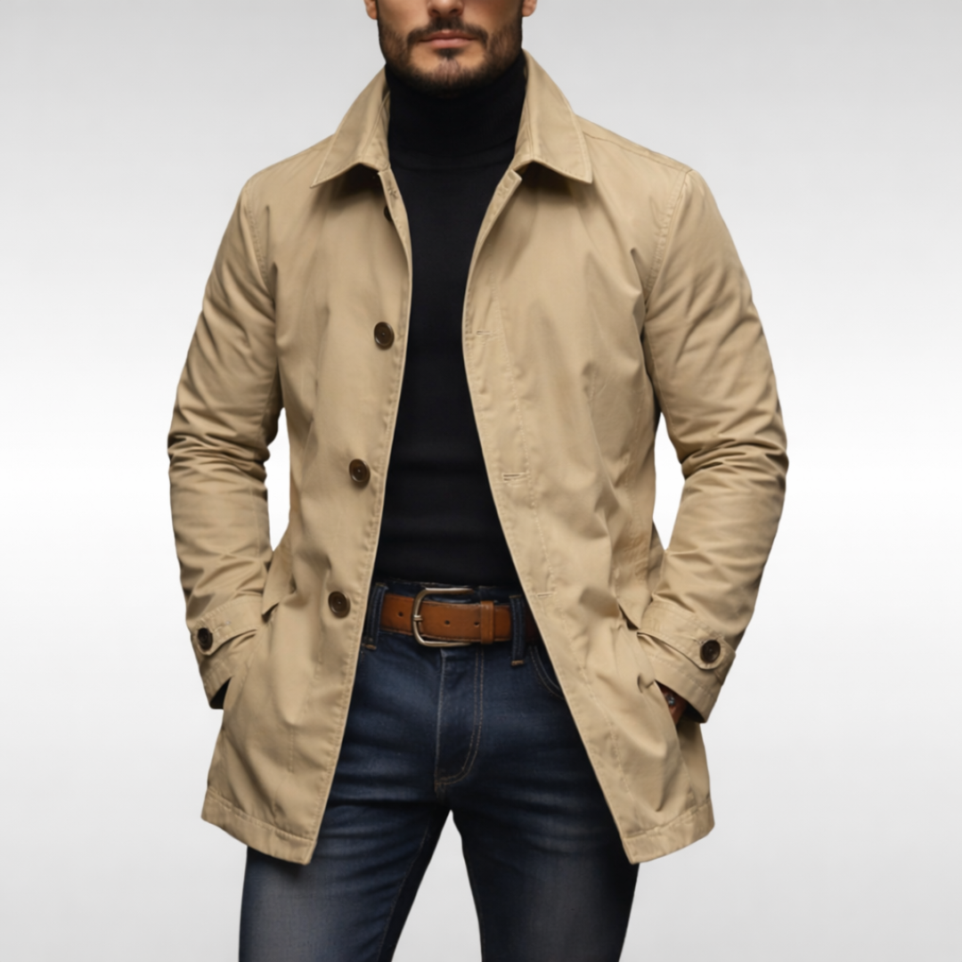 Mid-Length Men's Coat with Button Placket