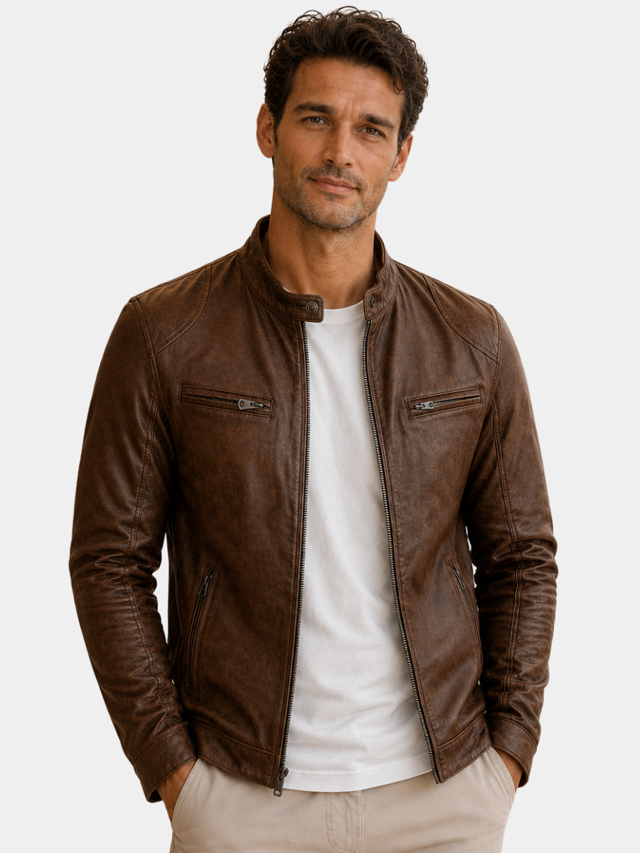 Mens Zip Front Jacket with Stand Collar and Zippered Pockets